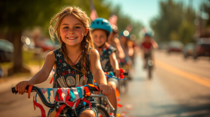 Smiling Girl Participating in Independence Day Parade with Flags and Festive Attire