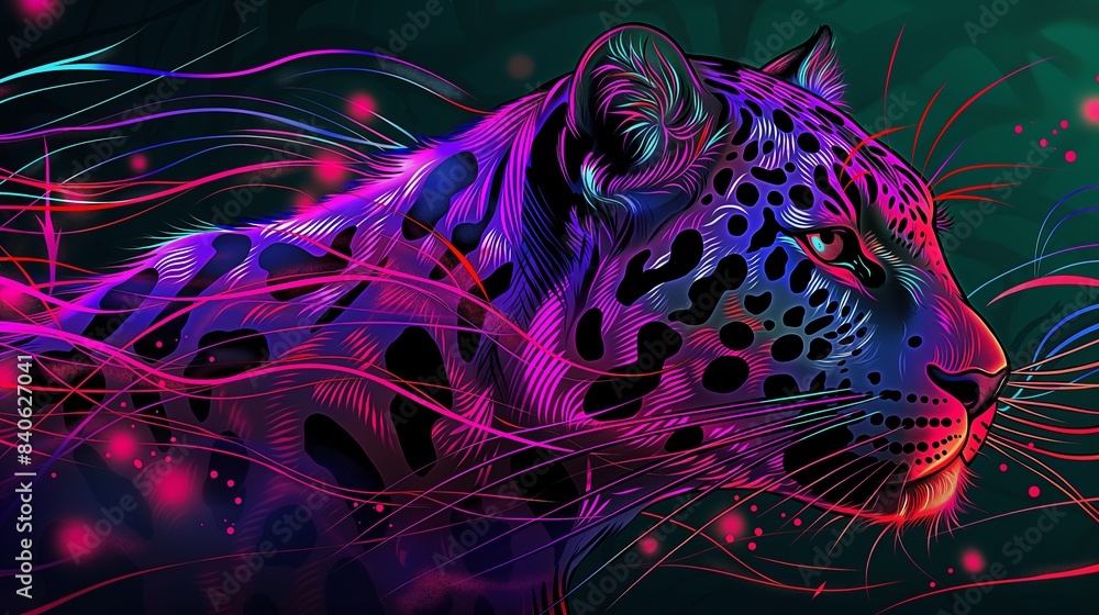 Poster a neon-leopard with vibrant colors and abstract patterns in a glowing digital jungle.