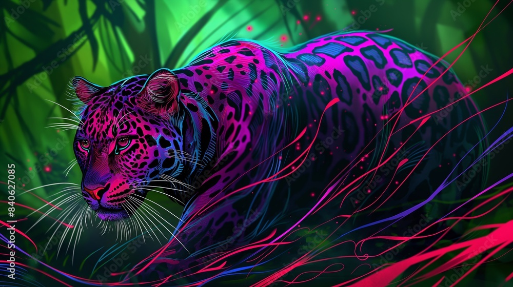 Poster neon leopard prowling through a vibrant jungle with glowing patterns and intense colors.