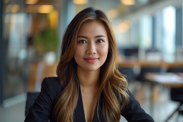 Portrait of filipina woman beautiful business leader, in modern bright office boardroom, professional atmosphere, leadership, diverse workplace, corporate setting.