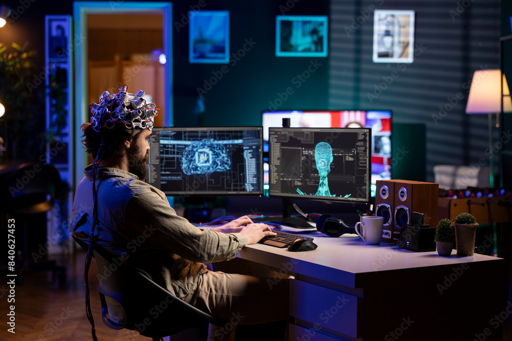 Poster computer scientist with eeg headset on programming brain transfer into computer virtual world, mergi