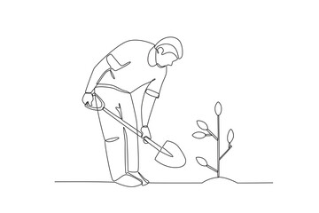 Continuous one line drawing of People planting trees, international tree concept. Modern continuous line draw design graphic vector illustration
