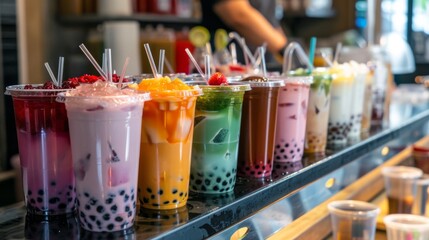 A colorful assortment of bubble milk tea flavors displayed on counter, enticing customers with options like classic, taro, matcha, and fruity variations