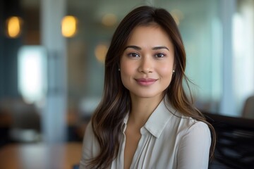 Naklejka premium Portrait of filipina woman beautiful business leader, in modern bright office boardroom, professional atmosphere, leadership, diverse workplace, corporate setting.