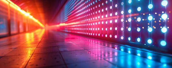 Obraz premium Closeup of modern urban space with vibrant neon lights, dynamic and futuristic atmosphere.