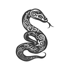 Obraz premium Ornamental Snake: Tribal Tattoo Design, Coiled Serpent with Intricate Patterns on White.