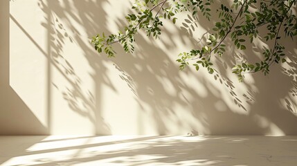 Gentle Light Illuminates a Minimalist Beige Wall With Shadows of Greenery