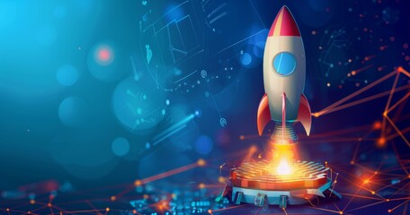 Rocket Ship Launching from Innovation Platform - Concept of Startup Growth and Business Success