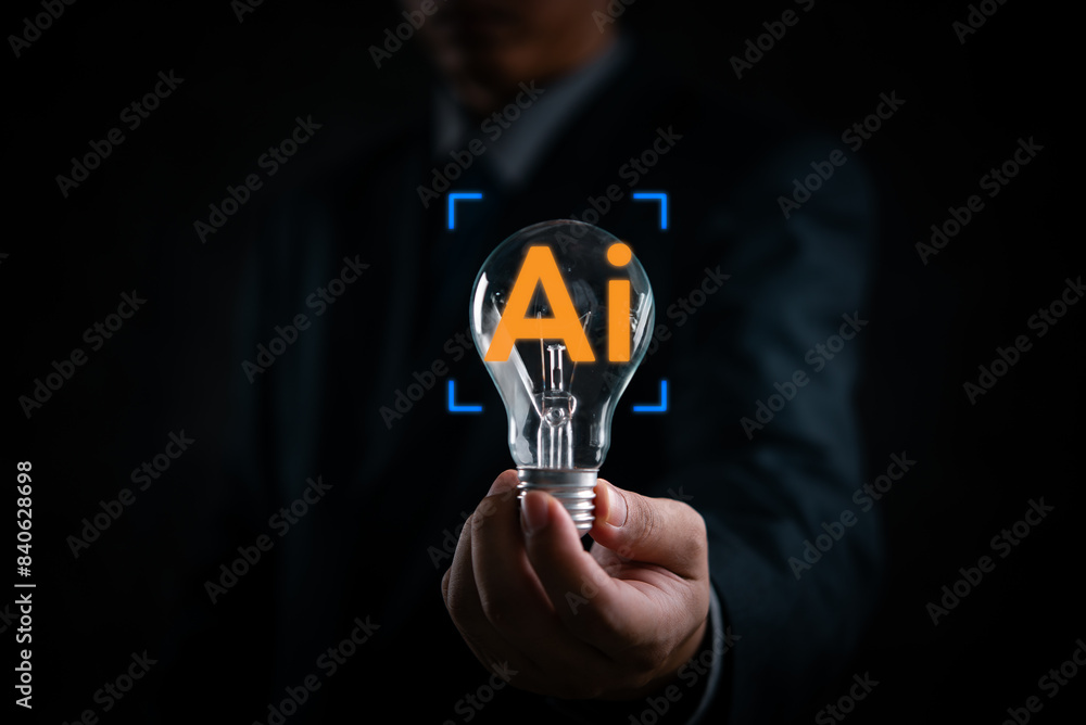 Poster man holds a light bulb. artificial intelligence concept, innovation, modern technology. conversation