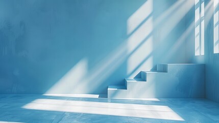 Obraz premium Minimalist Light Blue Room With White Staircase and Sunlight Streaming Through Window