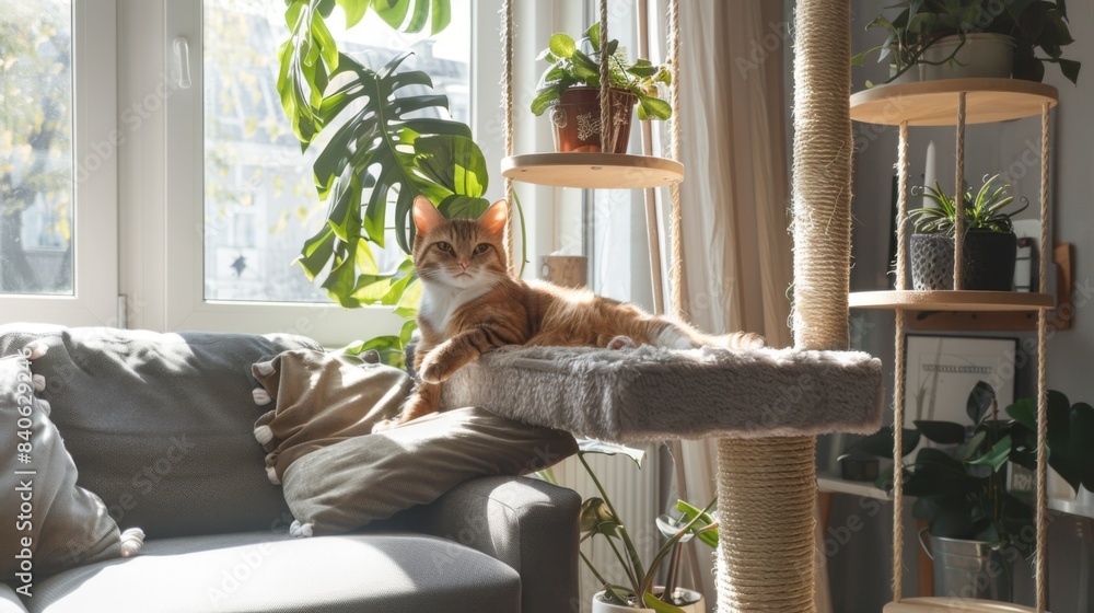 Poster A cozy indoor scene with a cat lounging in a multi-level cat tree, showcasing various nooks and platforms for play and relaxation