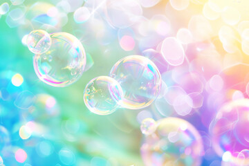 Vibrant close-up of colorful soap bubbles with a rainbow-like reflection.