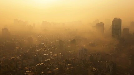 Fototapeta premium A crowded urban area shrouded in smog and haze, highlighting the consequences of air pollution and global warming on city environments