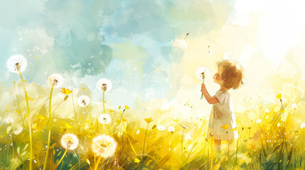 Child blowing dandelion seeds in a meadow, watercolor scene of summer innocence and joy 