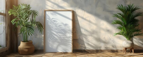 Window light and shadows, frame mockup leaning on wall, simple modern design, wooden floor.