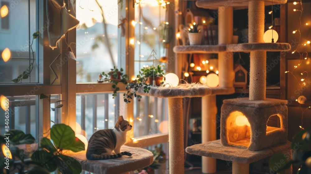 Poster A cozy indoor scene with a cat lounging in a multi-level cat tree, showcasing various nooks and platforms for play and relaxation