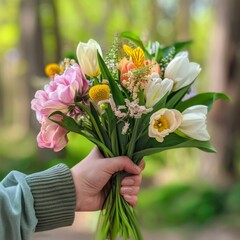 Hand Holding Bouquet of Colorful Spring Flowers