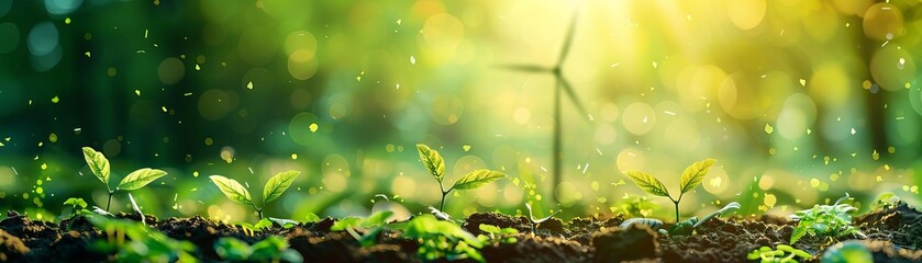 Obraz premium Green shoots growing in a forest with a wind turbine in the background.