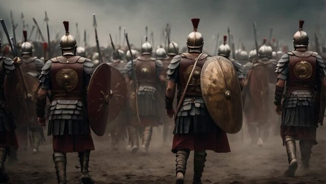 Legion of Roman soldiers from the ancient empire seen from behind marching towards battle video animation