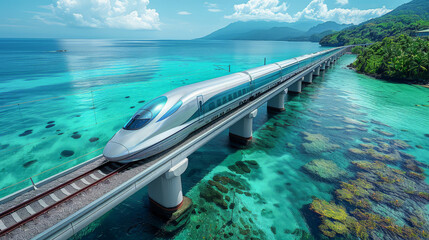 High-speed train crossing a stunning tropical ocean, capturing the seamless blend of advanced technology with natural beauty.