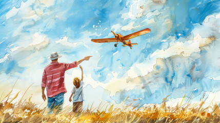 Obraz premium Father and daughter flying model airplane in open field, watercolor illustrating summer bonding and joy 