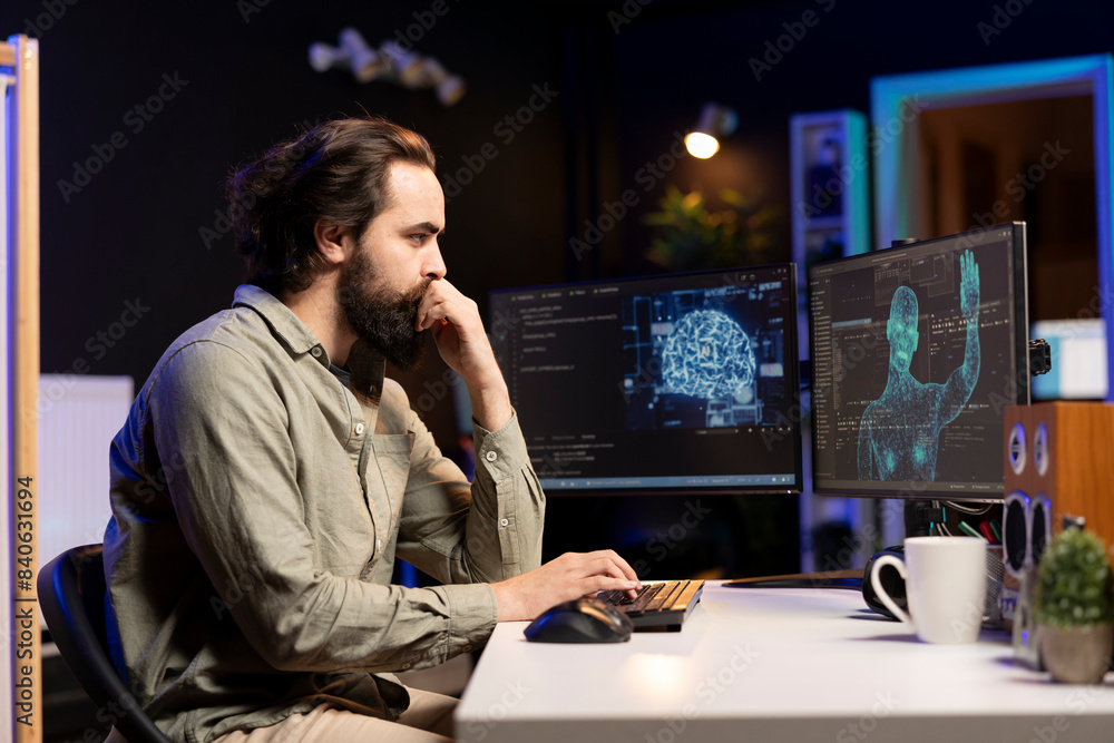 Poster sentient ai gains humanoid form inside computer, waving hand, greeting its creator. self aware artif