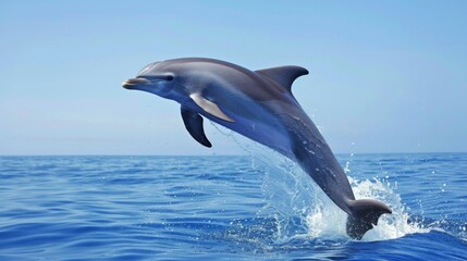 Fototapeta premium A dolphin breaching out of the water in a dramatic leap, its sleek body arcing gracefully against the backdrop of a blue sky