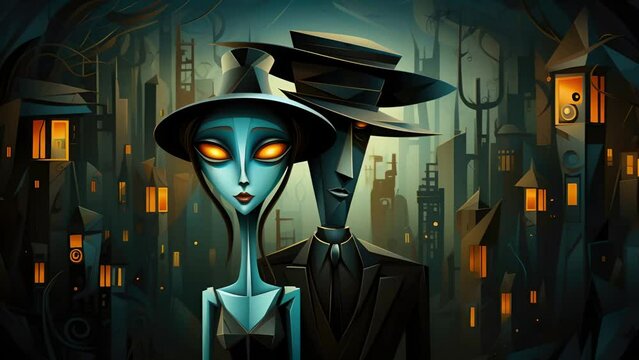enigmatic couple with exaggerated features, dressed in noir style, set against a stylized, moody cityscape with art deco elements under a dark, atmospheric sky