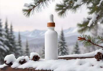 A white mockup glass bottle with a dropper cap sits on a wooden surface, with a blurred winter landscape visible in the background.
