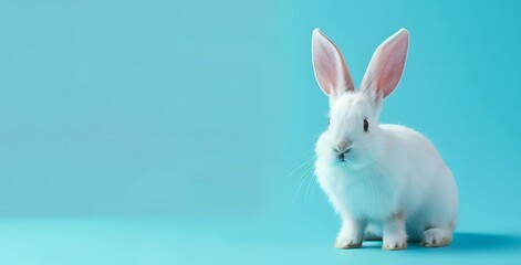 Obraz premium white rabbit with long ears on pastel blue background, Easter concept banner
