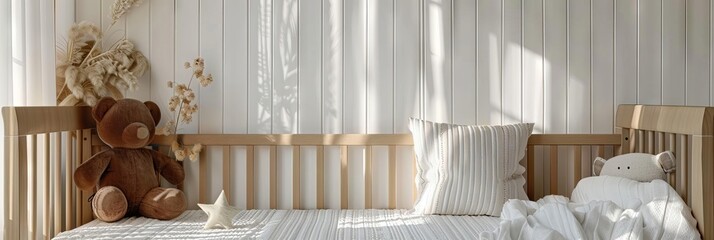 Serene nursery with blank wall above crib, ideal for baby-themed art or name plaque mockups, soft colors, cozy decor.