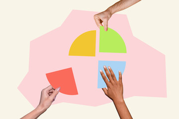 Composite photo collage of hands chart half segment diagram deal agreement partnership pieces...