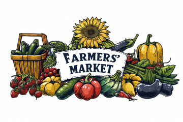 Vibrant illustration of a Farmers' Market sign surrounded by colorful vegetables like tomatoes, peppers, zucchini, and a sunflower.