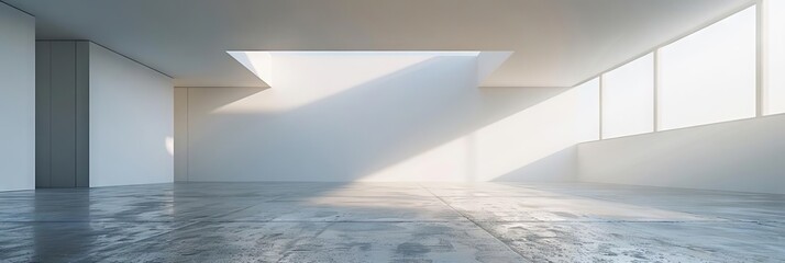 Contemporary architecture, empty white room, large skylight window, concrete floor.