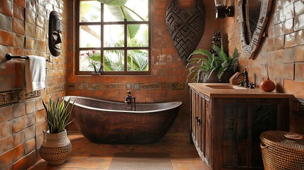 This image showcases a classic African-inspired bathroom, featuring rich earth tones that evoke a sense of warmth and natural beauty, perfect for a serene and stylish space.