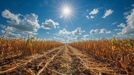 Fototapeta premium A dried, withered crop field under a blazing sun, illustrating the impact of global warming on agriculture and food security