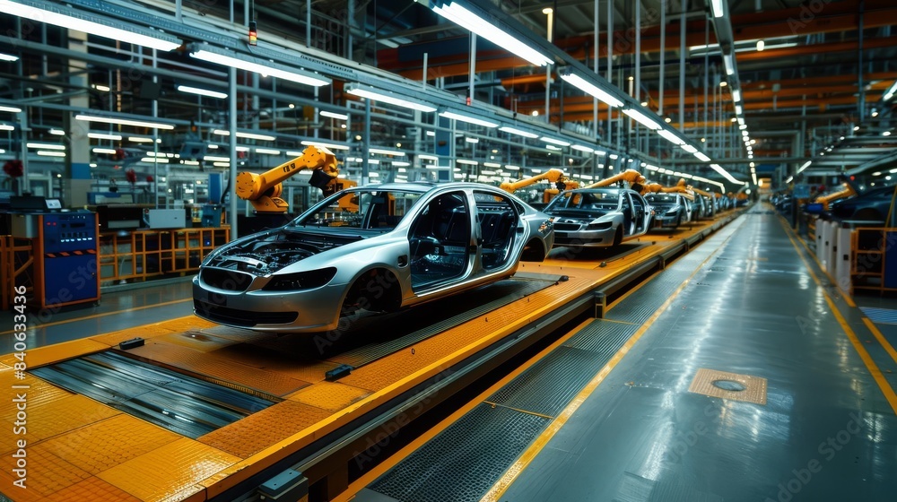 Poster modern automobile assembly line, robotic arms installing components