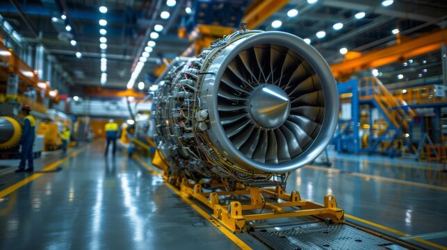 Aerospace engineering lab, technicians assembling a jet engine, complex machinery around