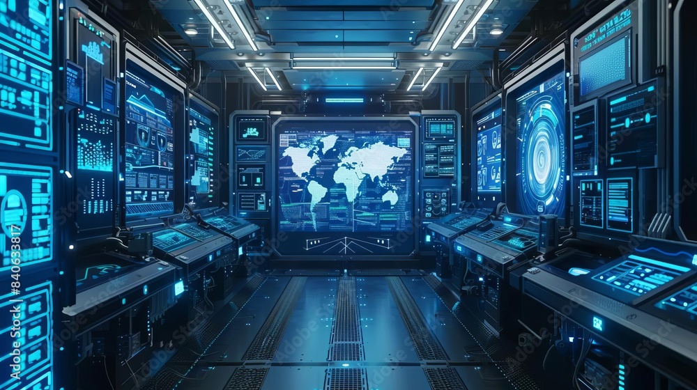 Poster smart factory with real time data analytics displayed on holographic screens