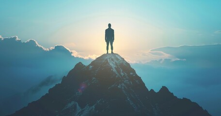 Businessman Achieving Strategic Goals - Conceptual Graphic of Success and Determination on Mountain Peak