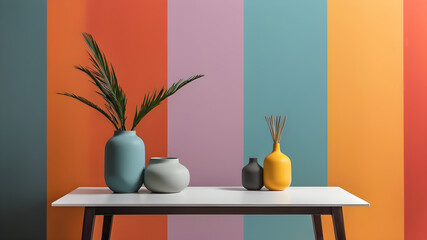 Modern table in front of colored wall minimalist. Generative AI