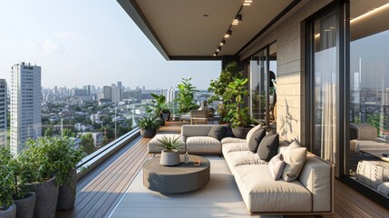 Contemporary city apartment balcony with panoramic views, stylish outdoor furniture, and potted plants. 
