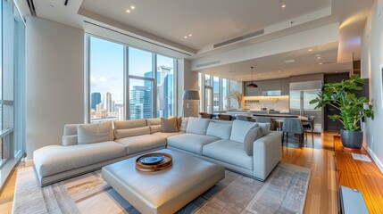 Contemporary city apartment with panoramic views, open-concept living space, and upscale furnishings. 