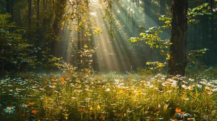 A forest clearing with a single beam of sunlight illuminating a patch of wildflowers, creating a focal point of natural beauty