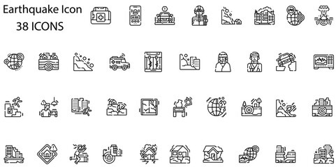 Earthquake icons related to evacuation, disasters, emergencies. Collection of outline symbols. Vector illustration
