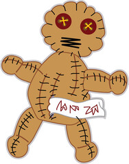 Voodoo doll cartoon illustration with magic, superstition, and ritual featuring button eyes, occult symbolism, and mystical handcrafted charm