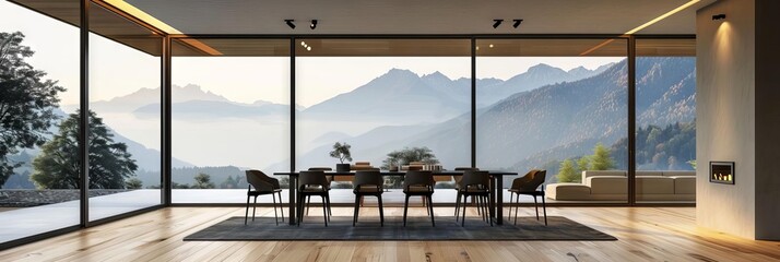 Fototapeta premium Wooden floor, black table and chairs, beige dining room, window with mountain view.