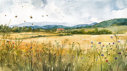 Watercolor illustration of a bee population decline affecting pollination and agricultural productivity in farmland 
