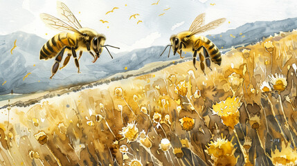 Watercolor illustration of a bee population decline affecting pollination and agricultural productivity in farmland 