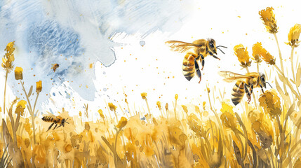 Watercolor illustration of a bee population decline affecting pollination and agricultural productivity in farmland 